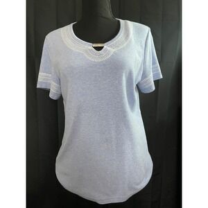 Karen Scott Women's‎ Embroidered Blue Short Sleeve Top Size M Classic Casual